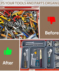 Before and after using 42 Pack Three Size Tool Box Organizer Trays Set With Interlocking Dividers For Garage Drawers