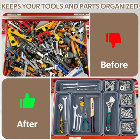 Before and after using 42 Pack Three Size Tool Box Organizer Trays Set With Interlocking Dividers For Garage Drawers