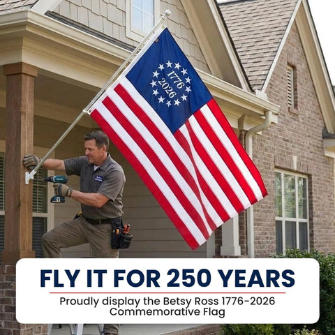 Man installing Betsy Ross 250th Anniversary American Flag 3x5 Ready To Wave Indoors Or Outdoors Made In USA With Embroidered Field
