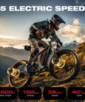 Rider on powerful dual motor 4000W fat tire electric bike with 52V 25Ah battery, full suspension in mountainous terrain