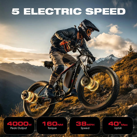 Rider on powerful dual motor 4000W fat tire electric bike with 52V 25Ah battery, full suspension in mountainous terrain