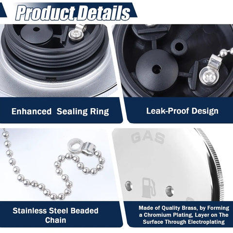 Close-up of Boat Gas Cap Replacement for Deck Fill Systems, showing sealing ring, leak-proof design, and stainless beaded chain.