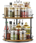 12.4 Inch Two Tier Lazy Susan Organizer Rotating Wooden Spice Rack with jars and bottles for kitchen pantry.