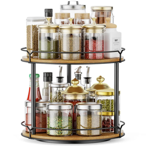 12.4 Inch Two Tier Lazy Susan Organizer Rotating Wooden Spice Rack with jars and bottles for kitchen pantry.