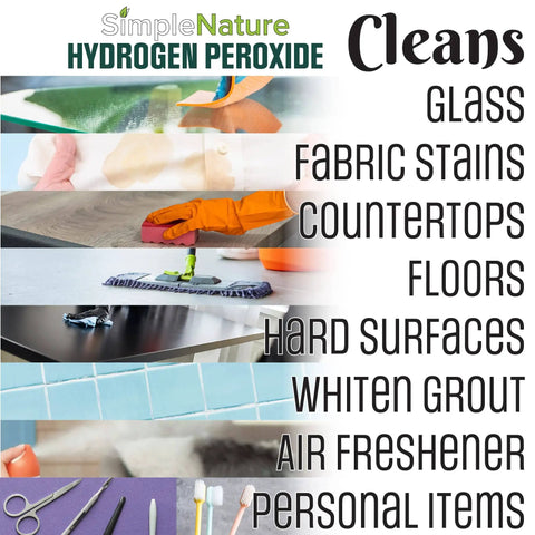 Hydrogen Peroxide Solution Twelve Percent Food Grade One Gallon Multipurpose Cleaner for various surfaces and uses shown.