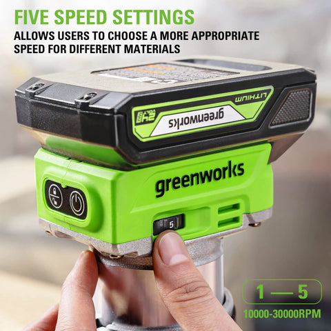 Hand adjusting speed dial on Beast Cordless 24V Brushless Compact Router With 2Ah Battery And Charger, highlighting speed settings.