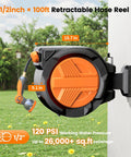 Wall-mounted Retractable Garden Hose Reel with Auto Rewind for Outdoor Use, 100 feet, 1/2 inch hose, 180 degree swivel