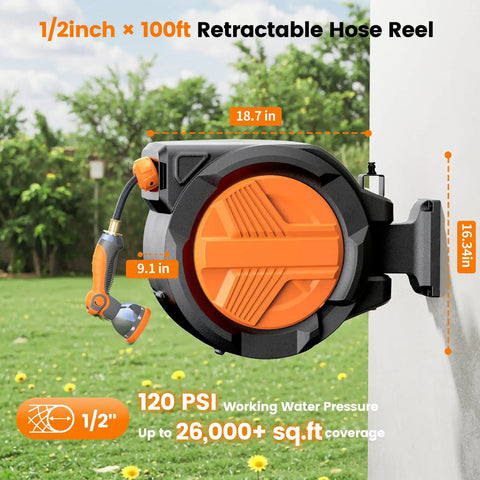 Wall-mounted Retractable Garden Hose Reel with Auto Rewind for Outdoor Use, 100 feet, 1/2 inch hose, 180 degree swivel