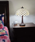 Stained Glass Banker Jeweled Table Lamp With White And Yellow Shade, 26 Inch Tall Vintage Style Nightstand Light beside bed
