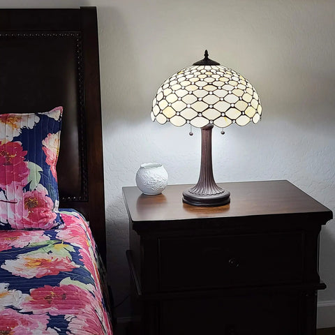 Stained Glass Banker Jeweled Table Lamp With White And Yellow Shade, 26 Inch Tall Vintage Style Nightstand Light beside bed