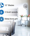 Commercial Grade Oscillating Wall Mount Fan, 12 Inch White Workhorse with metal front grill installed in modern room.