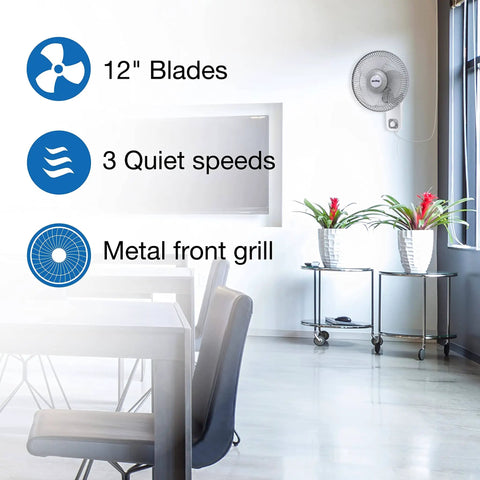 Commercial Grade Oscillating Wall Mount Fan, 12 Inch White Workhorse with metal front grill installed in modern room.