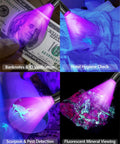 2-In-1 Black Light Flashlight With 395nm UV And White Light illuminating banknote, bed sheets, scorpion, and mineral