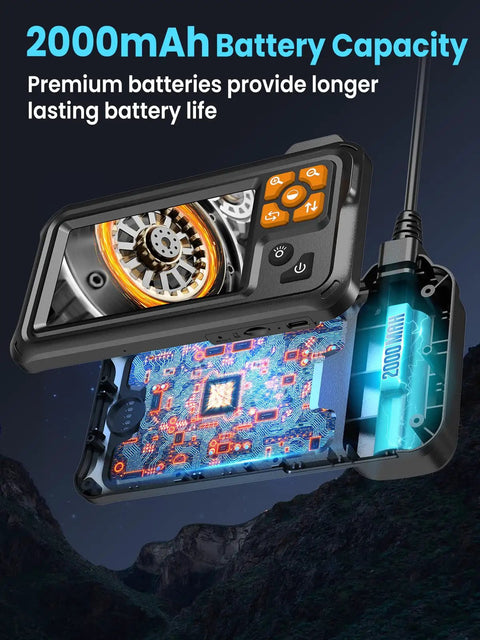Endoscope Camera With Light Pro Grade Dual Lens 4.3 Inch IPS Screen 1080P HD Borescope showing circuit design and 2000mAh battery