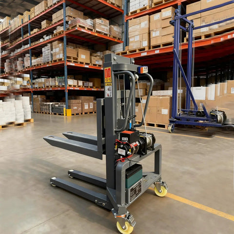 Heavy Duty Electric Pallet Stacker Forklift With Remote Control 661 Lbs Capacity adjustable forks in warehouse setting.