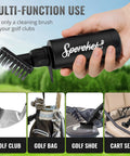 Hand holding Pro Golf Club Brush Cleaner with Heavy Duty Retractable Clamp and 4 oz Squeeze Bottle, multi-use for clubs and gear.