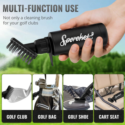Hand holding Pro Golf Club Brush Cleaner with Heavy Duty Retractable Clamp and 4 oz Squeeze Bottle, multi-use for clubs and gear.