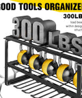 Heavy Duty Power Tool Organizer Wall Mount Rack With 300 LB Capacity shown with weights and tools, steel frame, side view.