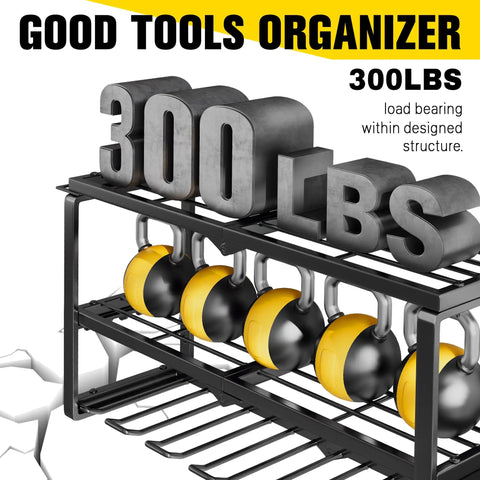 Heavy Duty Power Tool Organizer Wall Mount Rack With 300 LB Capacity shown with weights and tools, steel frame, side view.