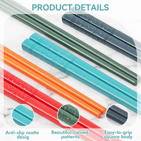 Dishwasher Safe Fiberglass Chopsticks Set for Everyday Meals, 5 Pairs, 9.5 Inch Reusable Japanese Chinese Chopsticks, Non Slip