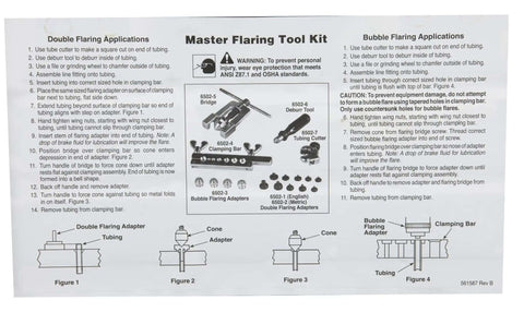 Instructions for 6502 Master Brake Flaring Tool Kit For DIYers, showing usage for single, double, and bubble flares with diagrams.