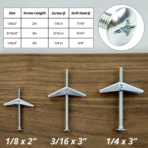 Toggle Bolt Kit 29-Piece Zinc Plated Steel Set with 1/8, 3/16, 1/4 inch toggle bolts shown on wood surface with size chart.