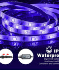 105ft Outdoor RGB LED Strip Lights With IP65 Waterproof Controller and connections, glowing in blue, showcasing waterproof feature