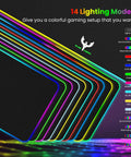 Gigantic RGB Gaming Mouse Pad With 14 Light Modes in various colors showing extra large 31.5 by 12 inch with LED surface.