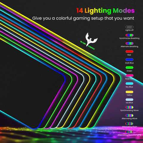 Gigantic RGB Gaming Mouse Pad With 14 Light Modes in various colors showing extra large 31.5 by 12 inch with LED surface.