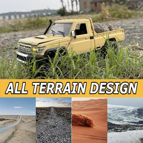 Toyota Land Cruiser 1 Twelfth Scale RC Crawler Truck showcasing off-road capability with grass and diverse terrain images