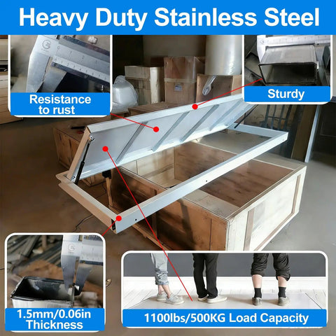 Heavy Duty Steel Hidden Floor Door With Slick Camo Look, No Fuss Install Crawl Space Hatch, Built Tough Basement Entry Panel For Homes And Garages, Flush Mount Black with sturdy hinge and rust resistance.