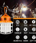 100Ft LED Construction String Lights 150W Industrial Grade With 15000LM 5000K Daylight IP65 in cave setting with icons
