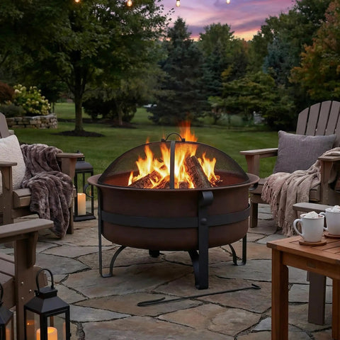 Cauldron Wood Burning Outdoor Fire Pit For Patio And Backyard Hangouts Round Steel Fire Bowl With dark bronze finish on patio
