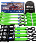 Heavy Duty Ratchet Tie Down Straps 4 Pack 1.6 Inch Wide By 8 Feet Long Green Coated Steel Ratchets with soft loops and storage bag.