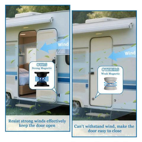 Comparison of Magnetic Door Catch Kit for RVs and Campers Black Door Stopper keeping door open versus another weaker model