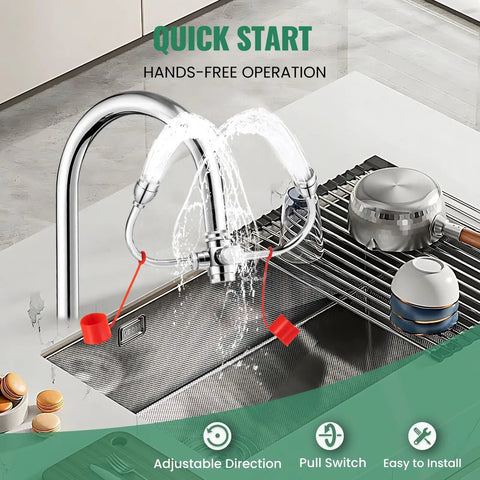 Faucet Mounted Eyewash Station With 360 Degree Rotation No Fuss Emergency Eye Wash Attachment For Sink Or Laundry Room Easy Install Adjustable Direction ANSI Z358.1 Compliant Converts Any Faucet With Removable Aerator Includes 3 Adapters installed on kitchen sink faucet.