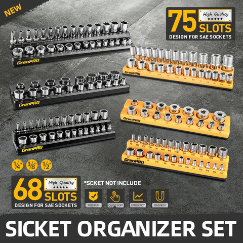 Magnetic Socket Organizer Set For Toolbox Drawer 6pc Includes 3 Metric And 3 SAE Magnetic Holders For One Quarter, Three Eighths, And One Half Inch Drive Sockets, Quick Access Tray For Pro And DIY Grab And Go displayed with slots
