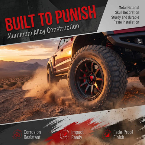 Four Pack Red Metal Skull Wheel Center Hub Cap Stickers Self Adhesive Waterproof Rim Covers, vehicle dust action shot.