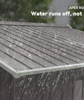 Rainwater flowing off sloping roof of light gray 9x6 Outdoor Metal Storage Shed With Foundation Kit, Double Lockable Doors, Air Vents, Tough As Nails Backyard Tool Shed for Lawn, Patio, And Garden.