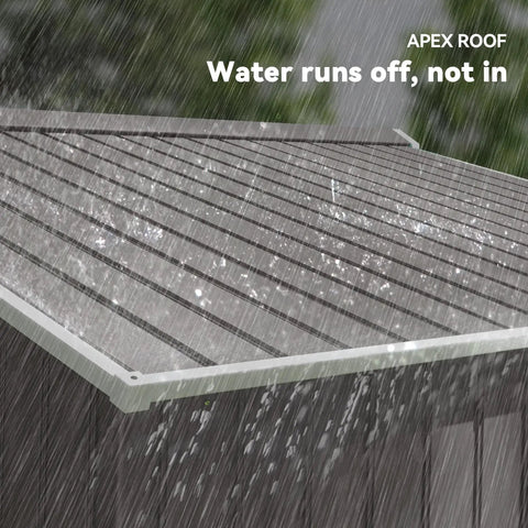 Rainwater flowing off sloping roof of light gray 9x6 Outdoor Metal Storage Shed With Foundation Kit, Double Lockable Doors, Air Vents, Tough As Nails Backyard Tool Shed for Lawn, Patio, And Garden.
