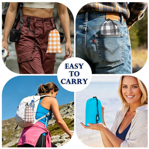 Portable 57x60 Inch Picnic Blanket Waterproof Sandproof Quick Dry Beach Mat folded compactly for easy carrying.