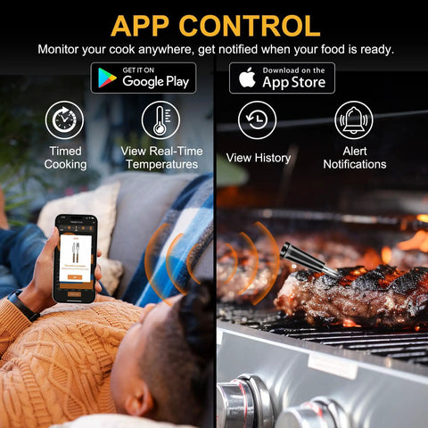 App shows Wireless Bluetooth Meat Thermometer with Dual Ultra-Thin Probes for Spot-On Grilling monitoring grill and alerting user