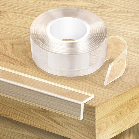Rock Solid Clear Corner Protectors For Baby Proofing Hella Tough Soft Edge Guards with strong adhesive tape on wooden table.