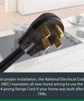 Close-up of a black heavy duty 4 wire range cord 50 amp 4 feet with right angle plug and strain relief, plugged into a cooktop.