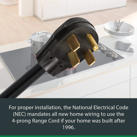 Close-up of a black heavy duty 4 wire range cord 50 amp 4 feet with right angle plug and strain relief, plugged into a cooktop.
