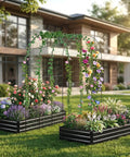 Galvanized Raised Garden Bed With Trellis, 6 By 3 By 1 Ft, Two Pack Outdoor Garden Beds in backyard with flowers and climbing plants