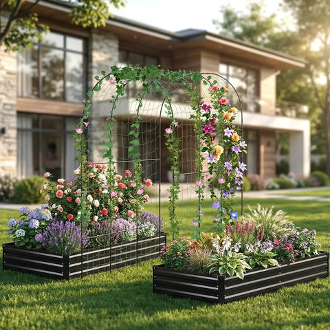 Galvanized Raised Garden Bed With Trellis, 6 By 3 By 1 Ft, Two Pack Outdoor Garden Beds in backyard with flowers and climbing plants