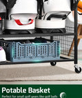 Four Golf Bag Storage Organizer Stand with basket for balls, bags and accessories neatly sorted in space-saving rack on wheels