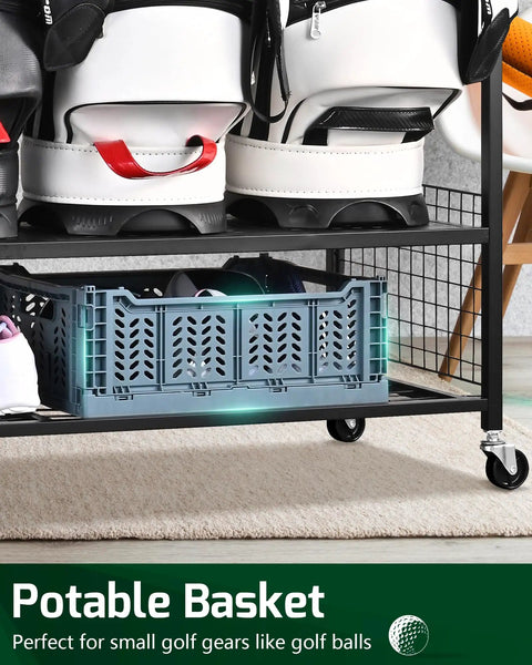 Four Golf Bag Storage Organizer Stand with basket for balls, bags and accessories neatly sorted in space-saving rack on wheels