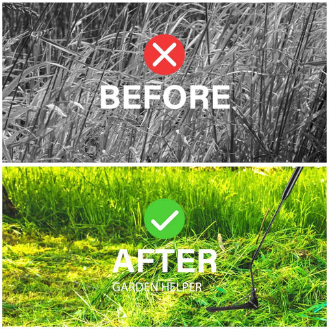 Before and after using the 36 Inch Grass Whip With Double Edged Serrated Blade For Tall Grass And Overgrown Weeds Manual Yard Work Tool